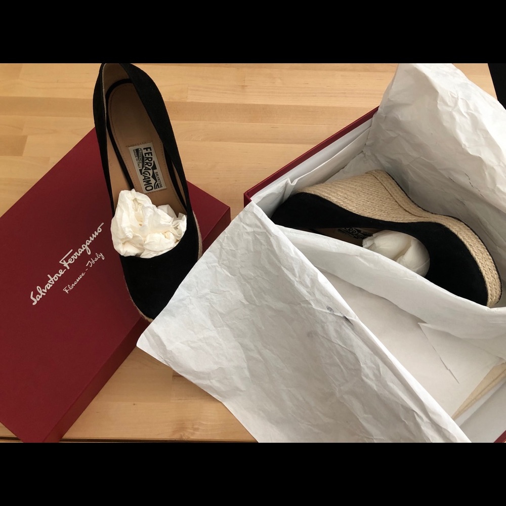 Black suede Ferragamo espadrille wedges